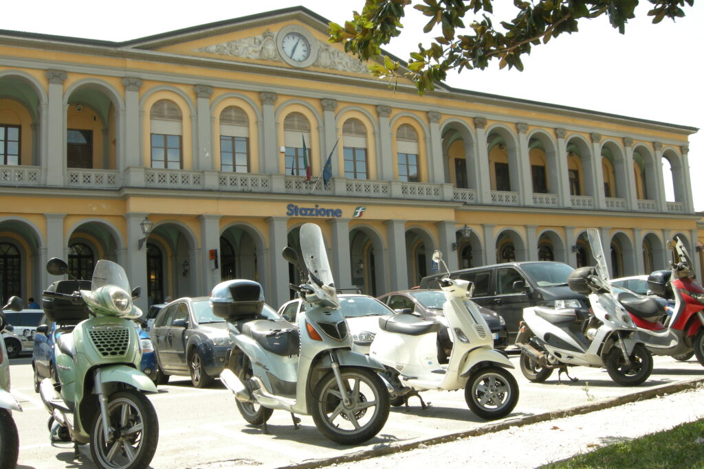 Exterior of the railway station in Lucca, Tuscany.